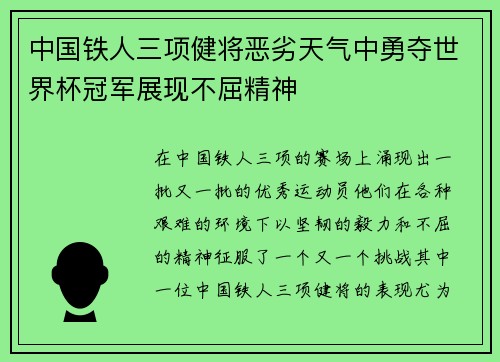 中国铁人三项健将恶劣天气中勇夺世界杯冠军展现不屈精神